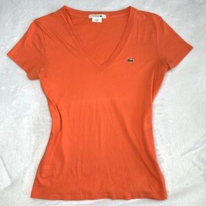 Lacoste Women's Orange Coral V-Neck Cotton T-Shirt with Logo, Size 38, M/L